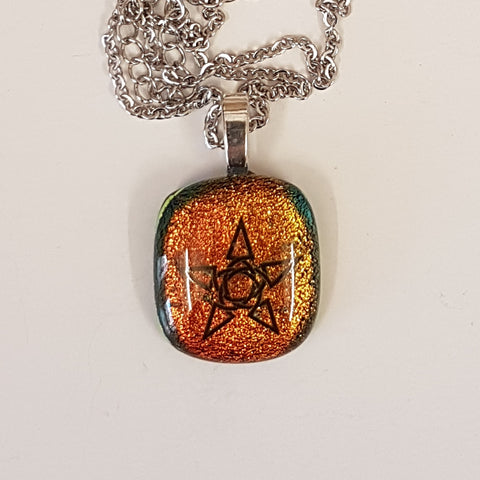 Pentagram Enamel image dichroic glass pendant.