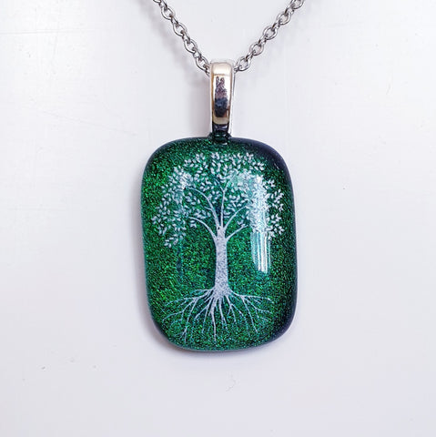 White tree of life enamel image glass pendant.