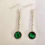 Plaited sterling silver and dichroic glass drop earrings